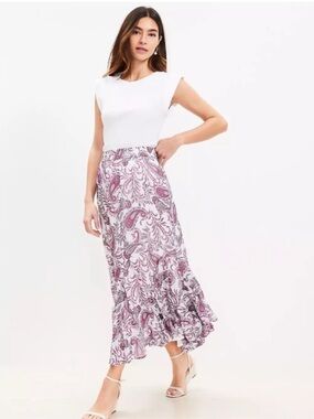 LOFT Godet Pink/lavender/ White Paisley Midi Skirt